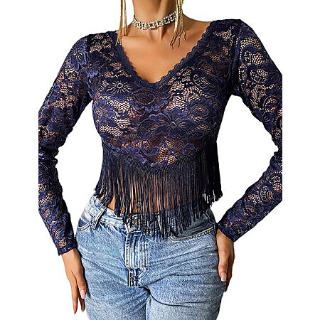 Avidlove Women Lace Crop Top V Neck Long Sleeve Sheer Lace Fringe Hem Tops