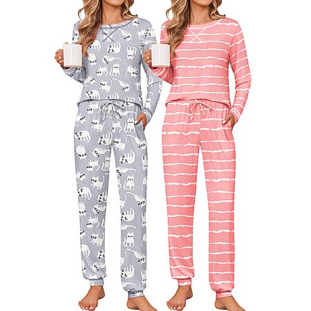 2-Pk Women's Ekouaer Long Sleeves Pajama Lounge Set w/ Jogger Pants (Various) $20