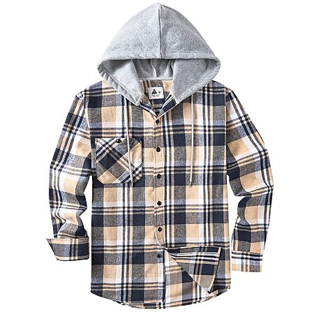 ZITY Men's Casual Plaid Button Down Shirt w/ Flannel Hood (Navy/Beige/White)
