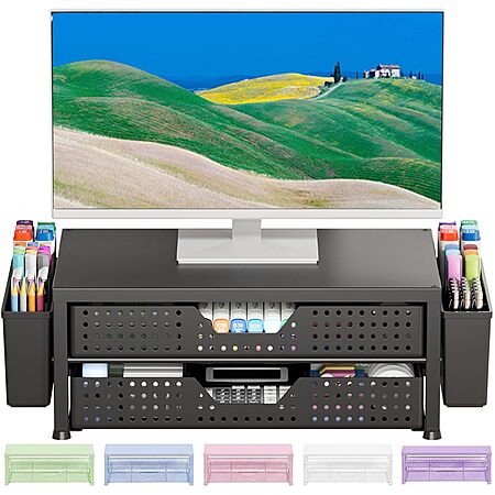 OPNICE Desk Organizer and Accessories, 2-Tier Computer Monitor Stand Riser with Drawer and 2 Pen Holders Matte Black