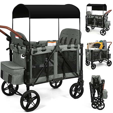 Vomeast Wagon Stroller for 4 Kids, 3-in-1 Outdoor Baby Stroller Wagon with Canopy, 5-Point Harness, Adjustable Handlebars, Removable Seat for Toddlers, Grey