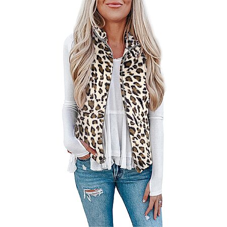 LOMON Women's Leopard Sleeveless Zipper Sherpa Vest Vests for Women Jacket with Pockets Apricot Leopard S