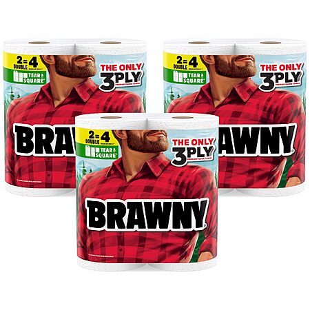 [S&S] Brawny Tear-A-Square 3-Ply Paper Towels, 6 Double Rolls = 12 Regular Rolls (3 Packs of 2)
