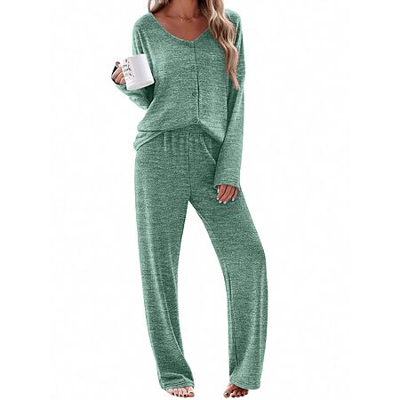 Ekouaer Womens Pajama Sets Button Up Long Sleeve Lounge Set Soft V Neck Pj