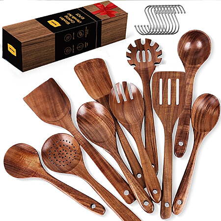 ACMETOP Wooden Spoons for Cooking, 10PCS Teak Wood Kitchen Utensils Set With 10 Hooks, Nonstick Cookware Utensil Set $27.06