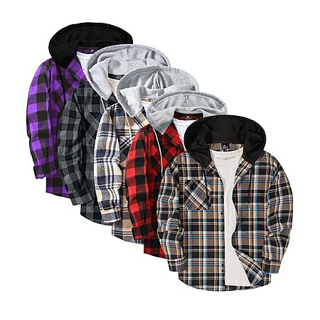 ZITY 5 Pack Men's Flannel Hoodie Shirts Button Down Long Sleeve Casual Stylish Plaid Hooded Shirt with Pocket
