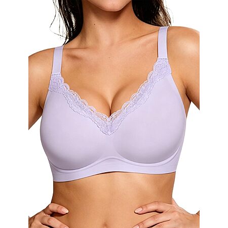 HORISUN Wireless No Underwire Bra for Women V-Neck Lace Trim Seamless Bra