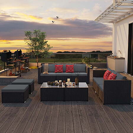 Lofka 10Pc Patio Conversation Set with Rattan Sectional Sofa and Table