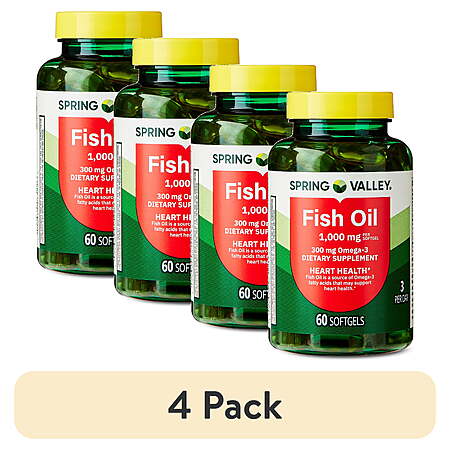 (4 pack) Spring Valley Fish Oil Omega-3 Softgels for Heart Health, 1000 mg, 60 Count