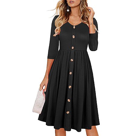 Lamilus Women's Casual Fall 3/4 Sleeve V-Neck Button Down A-Line Swing Party Dress (S, Black-026-3/4)
