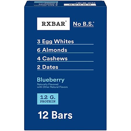 [S&S] RXBAR Protein Bars, 12g Protein, Gluten Free Snacks, Blueberry, 22oz Box (12 Bars)