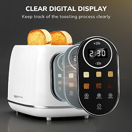 Keenstone Smart Touch Screen Toaster 2 Slice, Retro Wide Slot Stainless Steel Toaster with 6 Browning Levels, Reheat & Defrost White