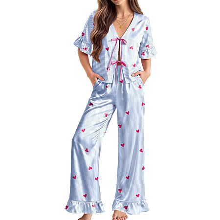 Ekouaer Womens Silk Pajama Sets 2 Piece Ruffle Satin Pj Set Cute Lounge Set