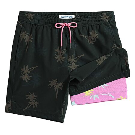 maamgic Mens Swim Trunks with Compression Liner 7 Inch Inseam Mens Bathing Suit Quick Dry Swimming Trunks Swimsuit Palmtree Black Pink Large
