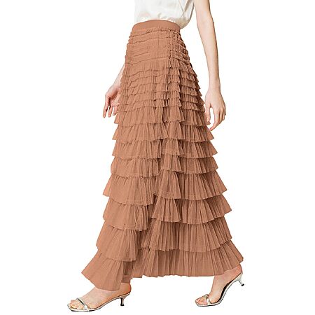 PEHMEA Womens Tulle Maxi Skirt High Waist Tiered A Line Layered Fairy Skirt