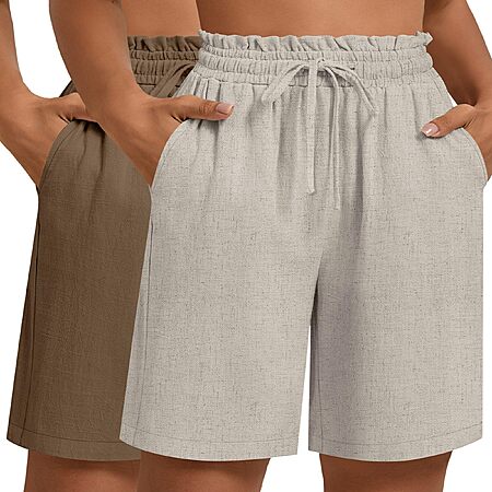 Ficerd 2 Pack Plus Size Linen Bermuda Shorts for Women Drawstring High Waisted Casual Ruffle Long Shorts with Pocket (Brown, Linen,4X-Large)