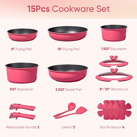 CAROTE 15pcs Pots and Pans Set Non Stick, Cookware Set Detachable Handle