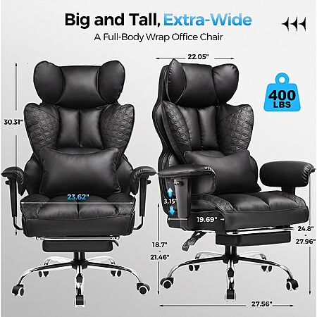 GTPLAYER Big and Tall Gaming Chair 400lbs Heavy Duty Office Chair with Footrest, High Back Pocket Spring Lumbar Support