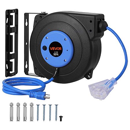 VEVOR 50FT Retractable Extension Cord Reel, 14AWG/3C SJTOW Heavy Duty Power Cord w/Lighted Electrical Triple Tap Outlets, 13A Circuit Breaker,180° Swivel Bracket