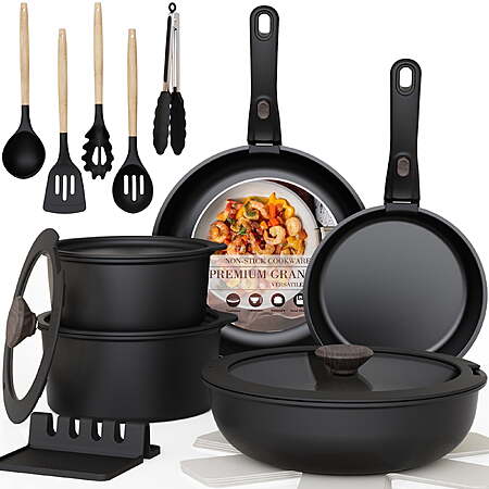 Astercook 20-Piece Pots and Pans Set, Nonstick Cookware Set with Detachable Handles, Oven & Dishwasher Safe, Induction Compatible, Stackable RV Kitchen Cooking Set, Black