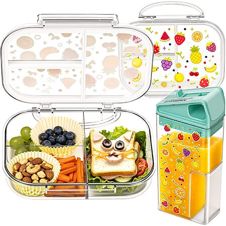 Tritan Plastic Bento Box for Kids: 3 Compartments with Straw Water Bottle