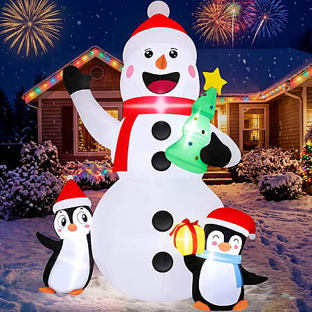 Firstness 6ft Christmas Inflatables, Snowmen Penguin Christmas Tree Gift Box with LED Lights Xmas Blow ups for Outdoor Yard Party Decorations