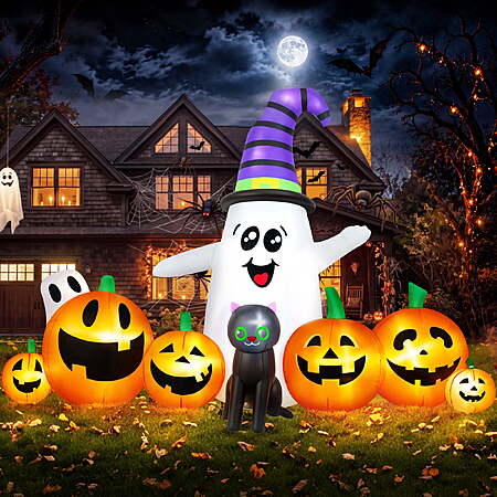 Yexmas 8 FT Long Halloween Inflatable Ghost with Witch Hat, 6 Pumpkins Halloween Blow Ups with Black Cat