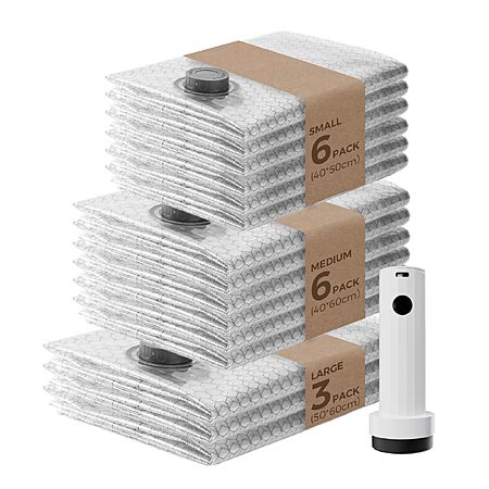 15-Pk VOLLYC Travel Vacuum Bags w/ Rechargeable Air Pump