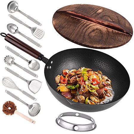 Leidawn 12.8" Carbon Steel Wok,11 Pcs Woks & Stir Fry Pans Wok Pan with Lid