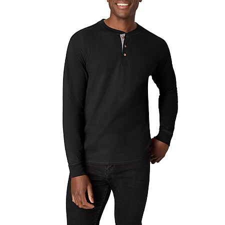 Hanes Mens T-shirts, Beefyt Henley Cotton Long Sleeve, Ebony, Large-3X-LargeUS