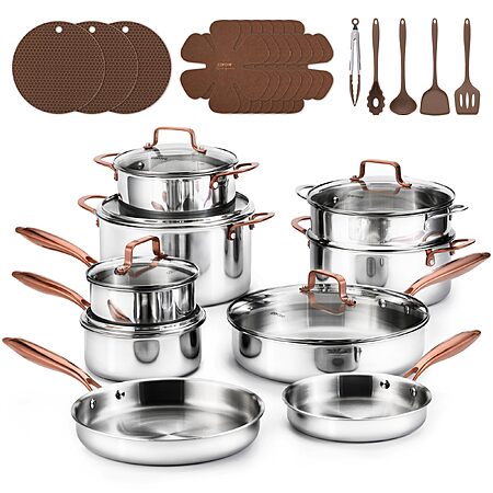 [Lightning Deal] CAROTE 30 PCS Tri-Ply Stainless Steel Cookware Set Pots and Pans Set