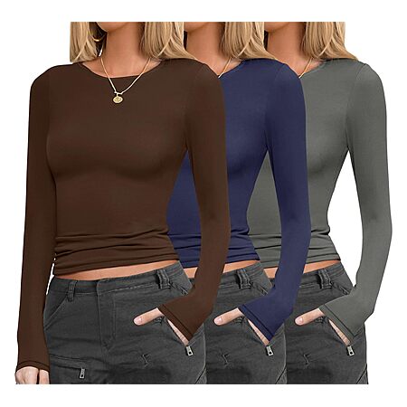 Ekouaer Womens 3 Pack Long Sleeve Shirts Fitted Tops Underscrub Undershirt