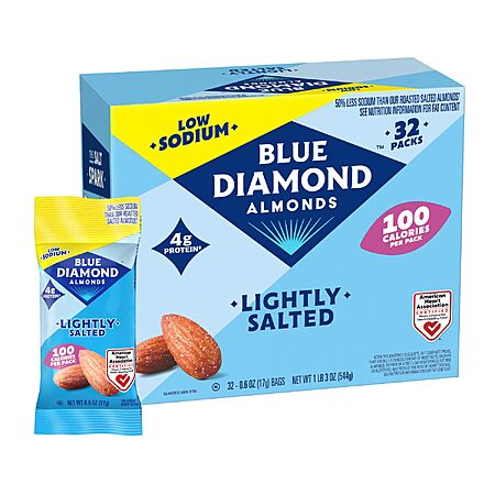 [S&S] Blue Diamond Almonds Low Sodium Lightly Salted Snack Nuts, 100 Calorie Packs, 0.6 Ounce (Pack of 32)