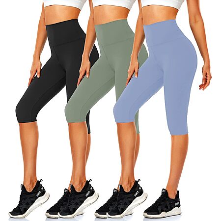 CTHH 3 Pack Capri Pants with Pockets - High Waisted Knee Length Yoga Leggings, Workout Biker Shorts for Women