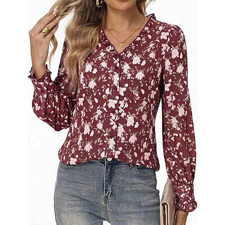 GRACE KARIN Women's Boho Floral Button Down Fall Dressy Blouses Brown XXL