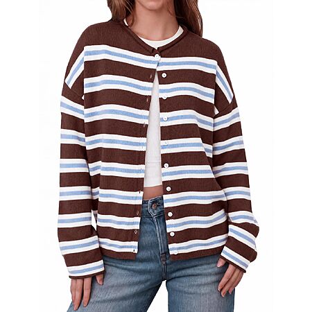 Saodimallsu Womens Button Up Striped Long Sleeve Crew Neck Fall Soft Lightweight Knit Sweater Tops