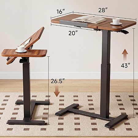 GTPLAYER Pneumatic Adjustable Standing Desk, 28 Inch Tiltable Mobile Rolling Laptop Table with Wheels, Overbed Bedside Table Computer Workstation for Home Office, Brown