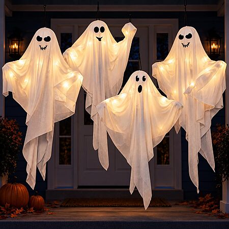 4 Pack Halloween Hanging Ghosts, 27.5 Inch with Light Up Ghost Kit for Indoor Outside Ornaments, Spooky Yard Tree Halloween Decorations