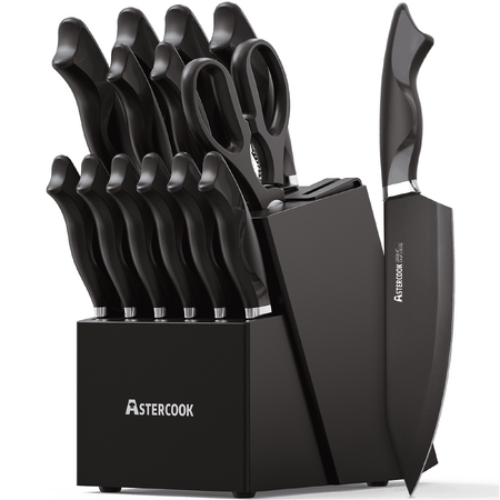 Astercook Knife Set, 15-Piece Kitchen Knives Set with Built-in Sharpener, German Stainless Steel Knife Block Sets with Anti-Rust Coating & PP Ergonomic Handle