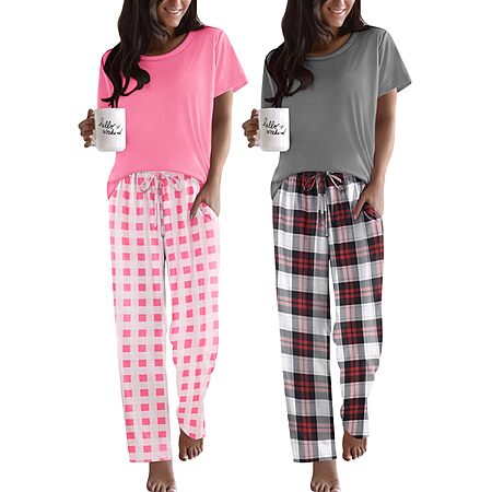 Ekouaer 2 Pack Womens Pajama Set Short Sleeve Top and Printed Pants Soft Pj