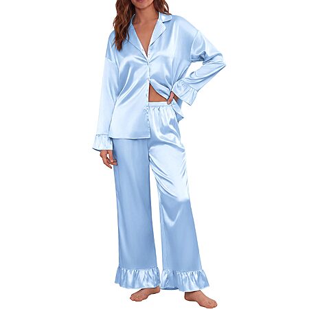 Ekouaer Satin Pajamas for Women Silk Pjs Long Sleeve Lounge Set with Ruffle
