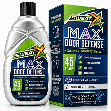 [S&S] SWEATX Max Odor Defense Sport Laundry Detergent Liquid, 45 Loads