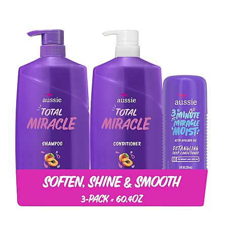 [S&S] Aussie Total Miracle Hair Care Bundle: Shampoo, Conditioner, and 3 Minute Deep Treatment with Apricot & Macadamia Oil, Paraben-Free for Damaged Hair, 26.2 & 8 Fl Oz
