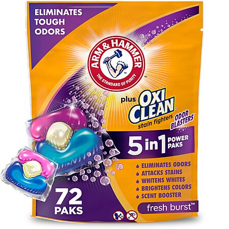 [S&S] ARM & HAMMER Plus OxiClean With Odor Blasters Laundry Detergent Pak, 72 Ct