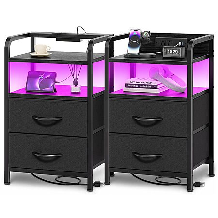 [Lightning Deal] Huuger Nightstands Set of 2, Night Stand with LED Lights, Charging Station