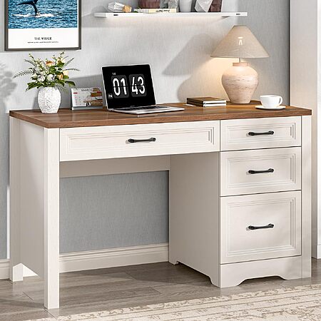 [Lightning Deal] Vabches Farmhouse Executive Desk with Storage and Ample File Drawer, Rustic Large Home Writing Desk (White)