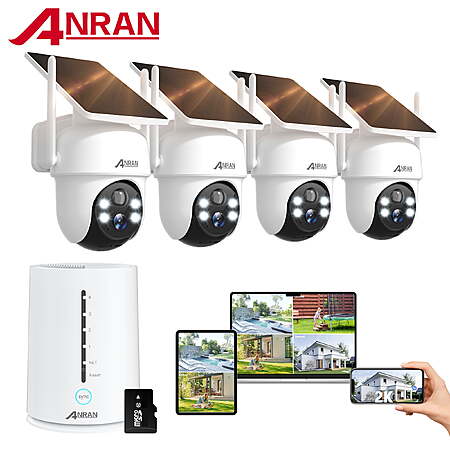ANRAN 2K/4MP Solar Security Camera with Base Station, Spotlight, Expandable Local Storage, No Monthly Fee, 360° View Wireless Outdoor Camera