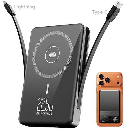 Magnetic Portable Charger with Built-in-Cable, 10000mAh Power Bank with Display, Foldable Stand, 22.5W Fast Charging Travel Battery Pack