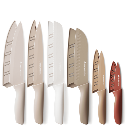 Astercook 6 Pieces Kitchen Knife Set, Knives Set with Anti-Rust Coating, Stainless Steel Chef Knife Sets with 6 Blade Guards Dishwasher Safe