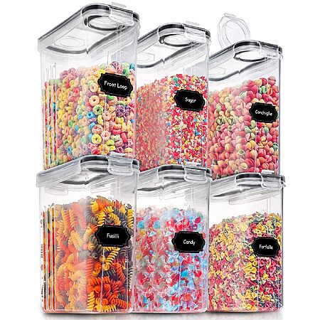 PRAKI Large Dry Food Storage Containers with Lids, 6PCS Airtight Cereal Containers Storage Set, Leak-proof Canister Set with 20 Labels & Marker (4L Black)